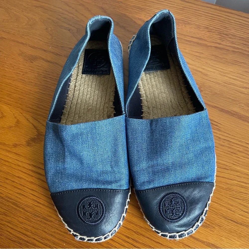 Tory Burch Color Block Espadrille Flats Denim Chambray/Navy Size 9 - Picture 1 of 16